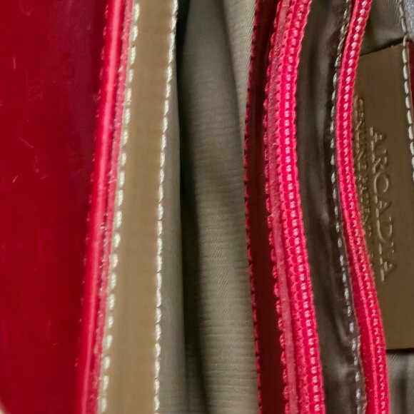 Arcadia Red Logo Embossed Leather Tan Trim Double Handle Tote Bag - Picture 5 of 7